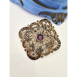 Vintage Judith Jack Sterling Silver Amethyst & Marcasite Pin Brooch